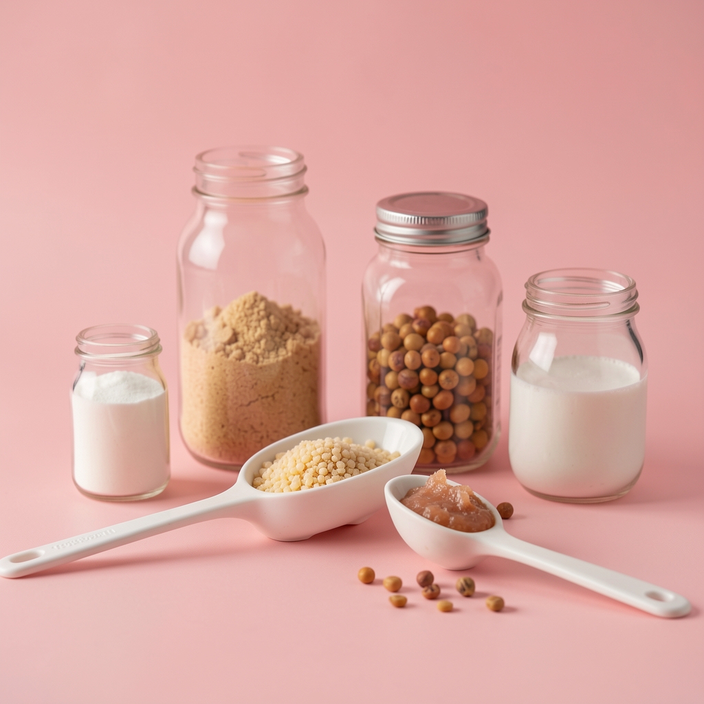 Cucharas de laboratorio culinario con péptidos de colágeno y frascos de ingredientes sobre fondo rosado suave