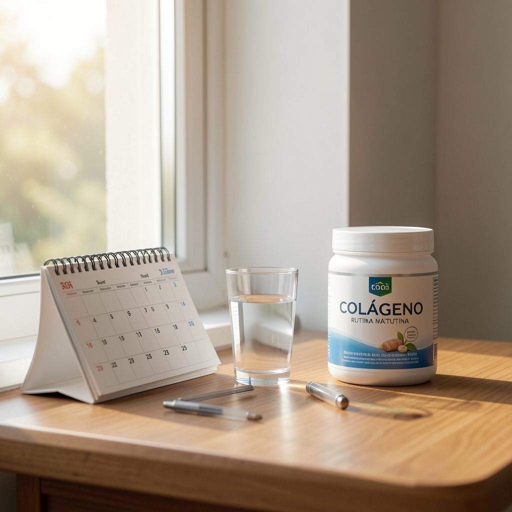 Rutina matutina con un vaso de agua, un calendario y el envase de Colágeno Marino Plus junto a una ventana luminosa