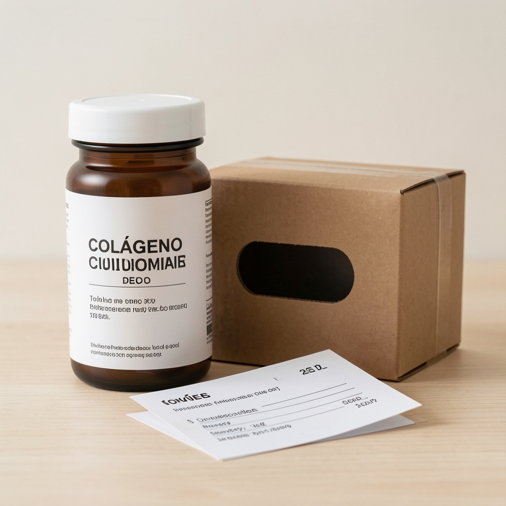 Detalle del envase de Colágeno Marino Plus junto a una tarjeta de pedido y una caja de entrega discreta