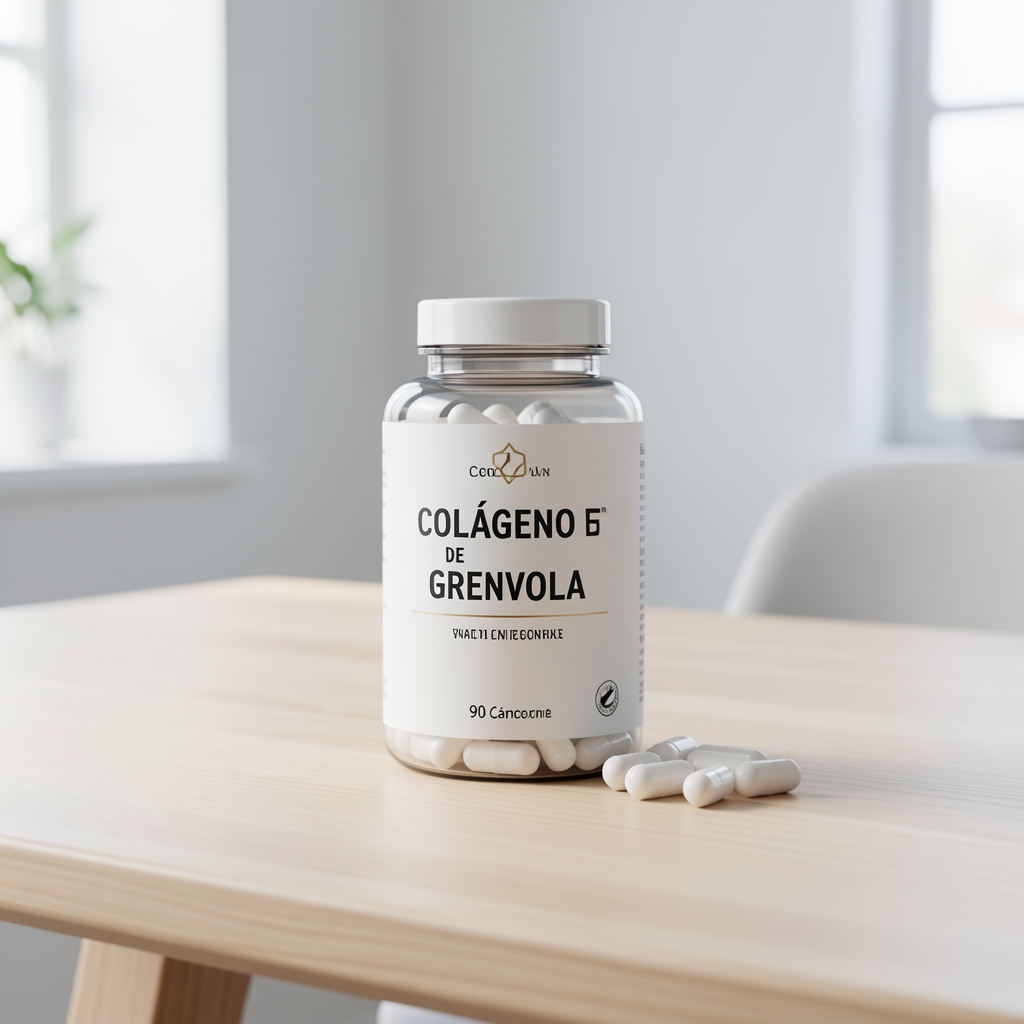 Envase elegante de Colágeno Marino Plus de Grenvola con 90 cápsulas sobre una mesa de madera clara